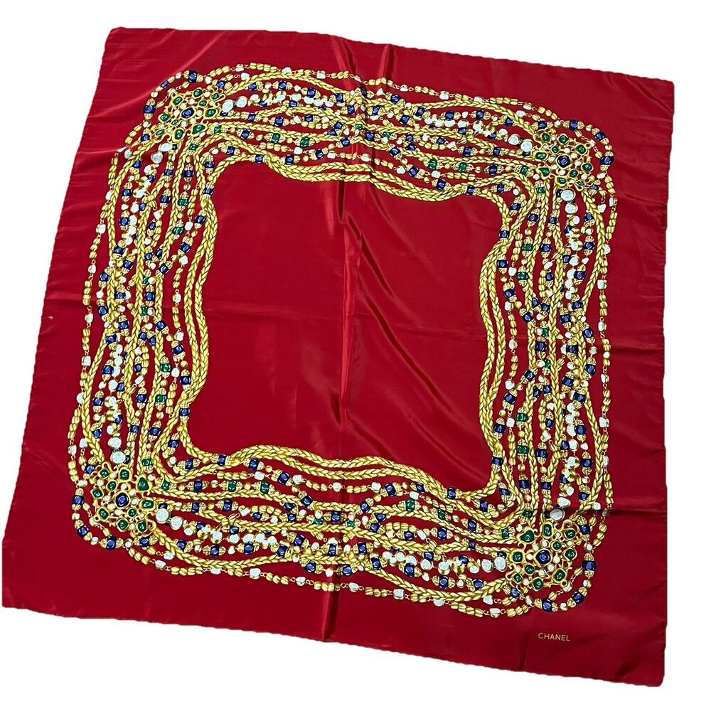CHANEL Large 34" Scarf Jeweled Chain Bijoux Silk Red Gold Japan 1990s - Picture 2 of 6